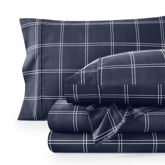 Bare Home Ultra-Soft Sheet Set - Premium 1800 Collection - Deep Pockets - 5-Pieces - Split King, Modern Plaid - Midnight/White