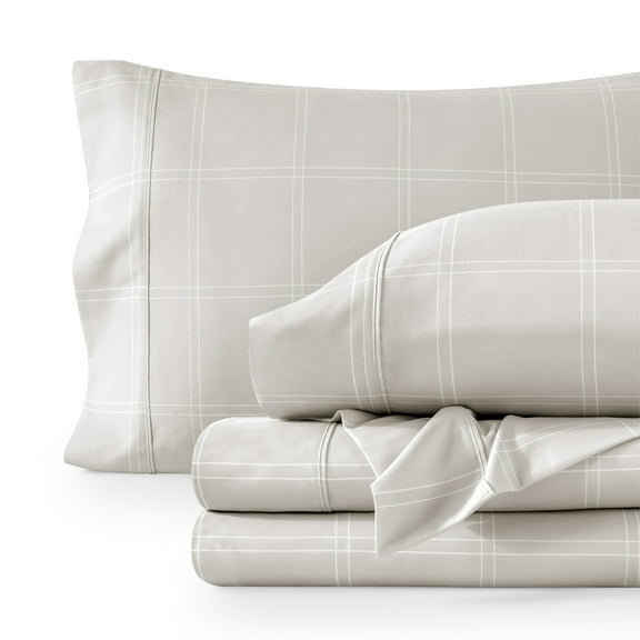 Bare Home Ultra-Soft Sheet Set - Premium 1800 Collection - Deep Pockets - 5-Pieces - Split King, Modern Plaid - Stone/White