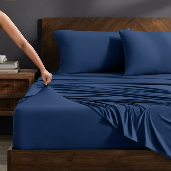 Bare Home Cooling Performance Jersey Knit Stretch Sheet Set, Moisture-Wicking & Breathable, 4-Way Stretch Bed Sheets, Envelope Pillowcases (Twin, Dark Blue)