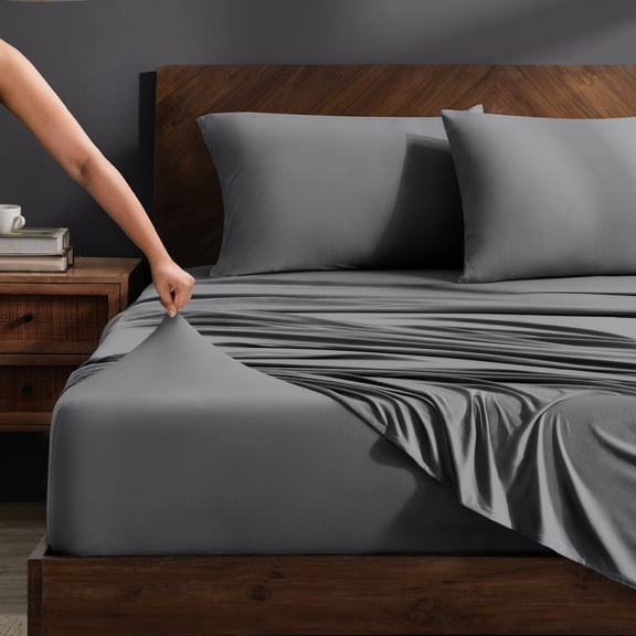 Bare Home Cooling Performance Jersey Knit Stretch Sheet Set, Moisture-Wicking & Breathable, 4-Way Stretch Bed Sheets, Envelope Pillowcases (Twin, Grey)