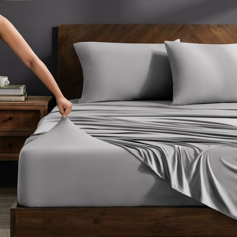 Bare Home Cooling Performance Jersey Knit Stretch Sheet Set, Moisture-Wicking & Breathable, 4-Way Stretch Bed Sheets, Envelope Pillowcases (Twin, Light Grey)