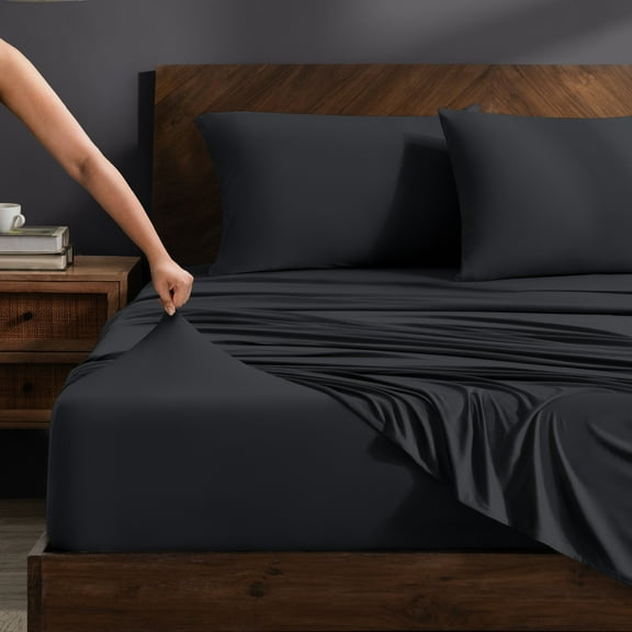 Bare Home Cooling Performance Jersey Knit Stretch Sheet Set, Moisture-Wicking & Breathable, 4-Way Stretch Bed Sheets, Envelope Pillowcases (Full, Black)