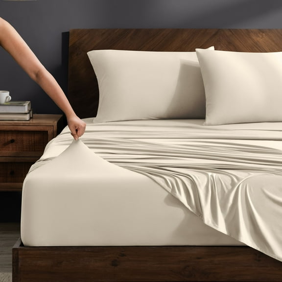 Bare Home Cooling Performance Jersey Knit Stretch Sheet Set, Moisture-Wicking & Breathable, 4-Way Stretch Bed Sheets, Envelope Pillowcases (Full, Sand)