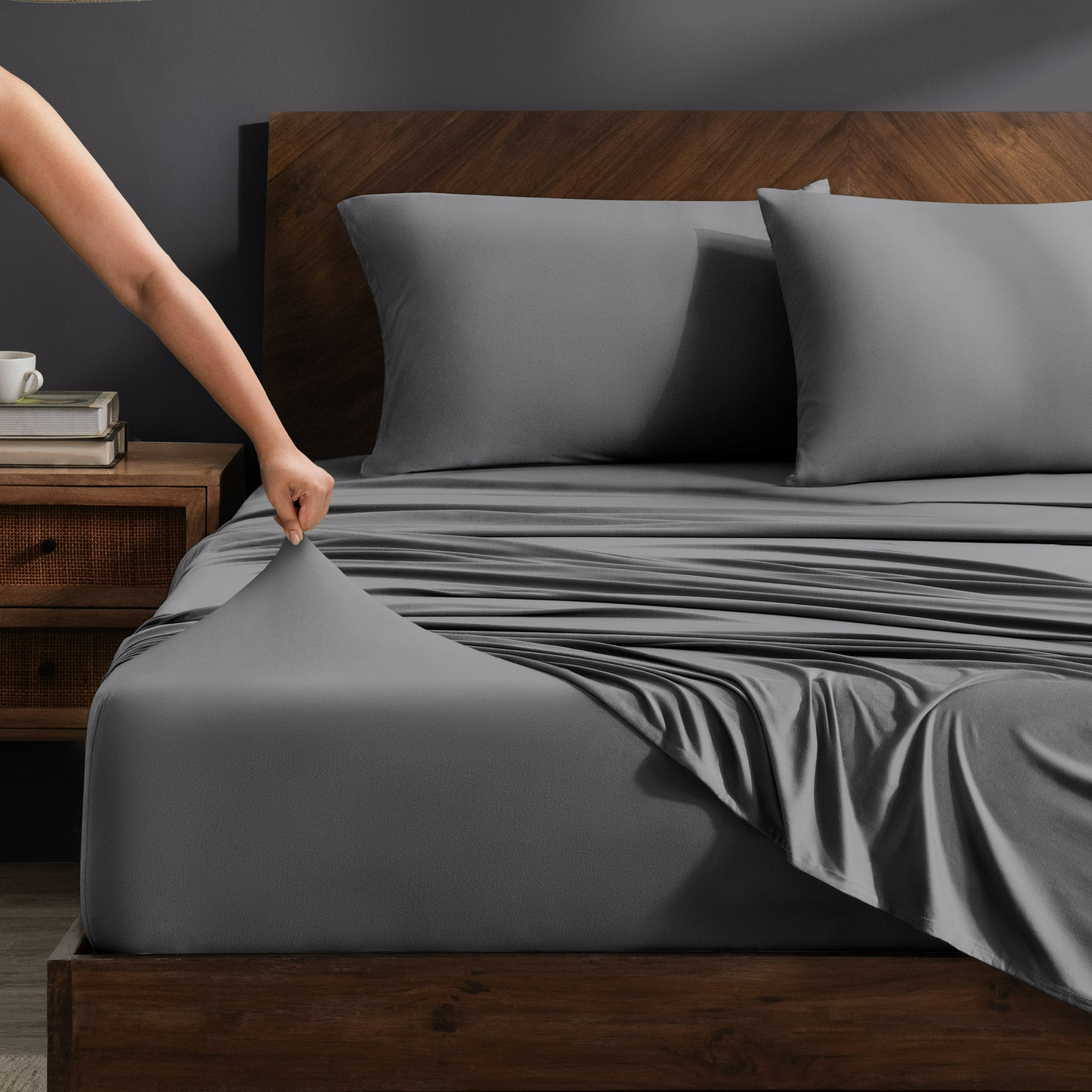 Bare Home Cooling Performance Jersey Knit Stretch Sheet Set, Moisture-Wicking & Breathable, 4-Way Stretch Bed Sheets, Envelope Pillowcases (King, Grey)