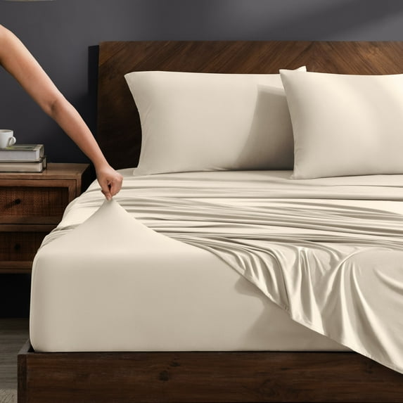 Bare Home Cooling Performance Jersey Knit Stretch Sheet Set, Moisture-Wicking & Breathable, 4-Way Stretch Bed Sheets, Envelope Pillowcases (Queen, Sand)