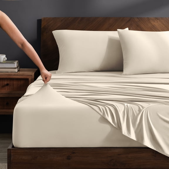 Bare Home Cooling Performance Jersey Knit Stretch Sheet Set, Moisture-Wicking & Breathable, 4-Way Stretch Bed Sheets, Envelope Pillowcases (Queen, Sand)