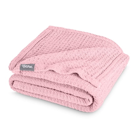 Bare Home Waffle Blanket - 100% Cotton - Lightweight & Breathable - Throw, Light Pink