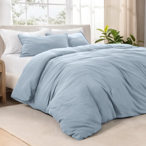 Bare Home Washed Duvet Cover Set - Ultra-Soft - Premium 1800 Collection - 3 Piece - Oversized Queen, Dusty Blue