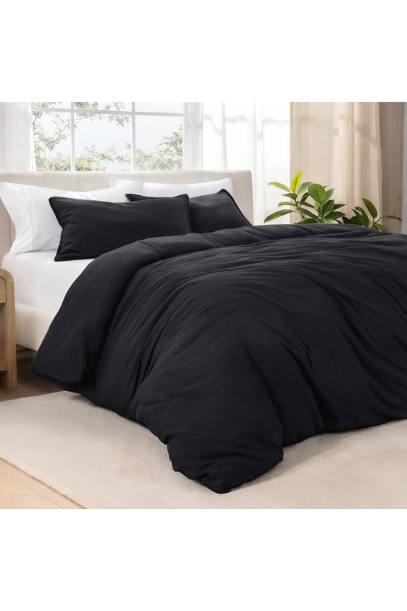Washed Duvet Cover Set - Ultra-Soft - Premium 1800 Collection - 3 Piece - Queen, Black