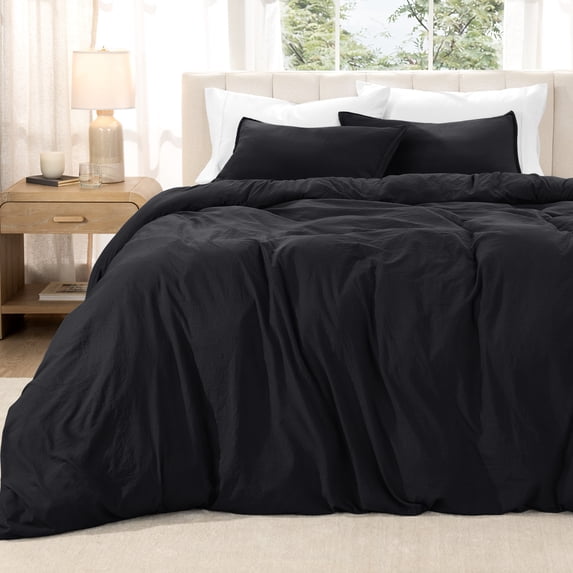 Bare Home Washed Duvet Cover Set - Ultra-Soft - Premium 1800 Collection - 3 Piece - Queen, Black