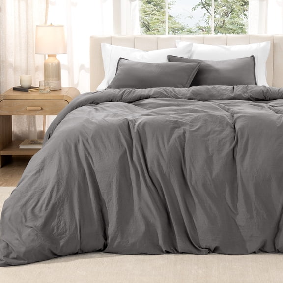 Bare Home Washed Duvet Cover Set - Ultra-Soft - Premium 1800 Collection - 3 Piece - Queen, Gray