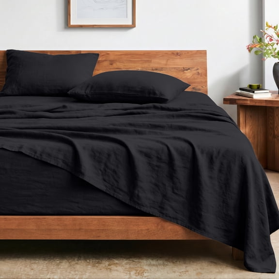 Bare Home Washed Sheet Set - Premium 1800 Collection - Deep Pocket - 3 Piece - Twin, Black