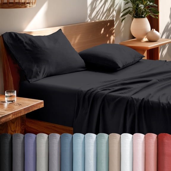 Bare Home Washed Sheet Set - Premium 1800 Collection - Deep Pocket - 3 Piece - Twin, Black