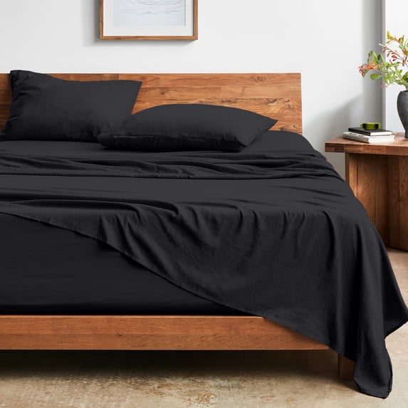 Bare Home Washed Sheet Set - Premium 1800 Collection - Deep Pocket - 3 Piece - Twin, Black