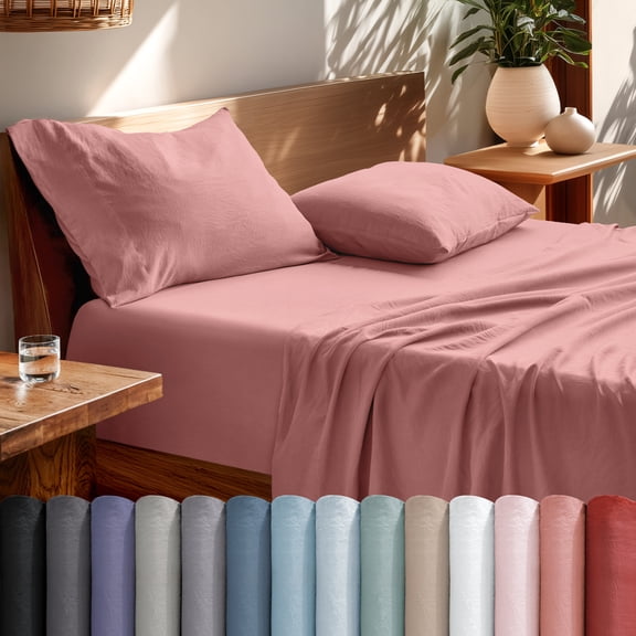Bare Home Washed Sheet Set - Premium 1800 Collection - Deep Pocket - 4 Piece - King, Dusty Rose