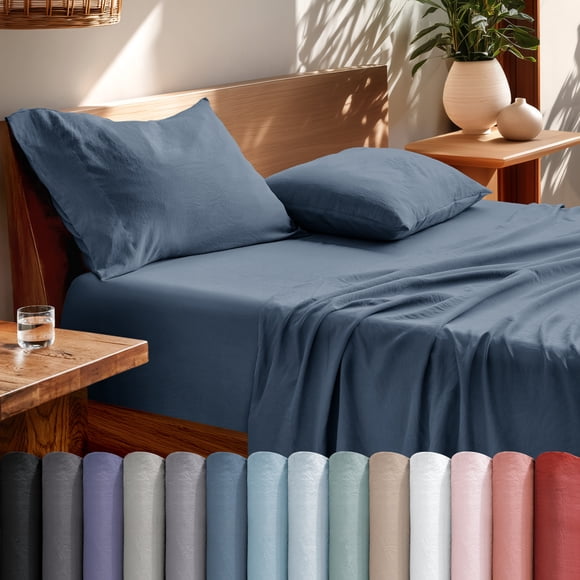 Bare Home Washed Sheet Set - Premium 1800 Collection - Deep Pocket - 4 Piece - Queen, Bering Sea