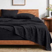 Bare Home Washed Sheet Set - Premium 1800 Collection - Deep Pocket - 4 Piece - Queen, Black