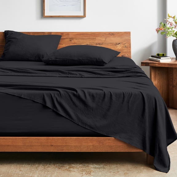 Bare Home Washed Sheet Set - Premium 1800 Collection - Deep Pocket - 4 Piece - Queen, Black