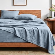 Bare Home Washed Sheet Set - Premium 1800 Collection - Deep Pocket - 4 Piece - Queen, Dusty Blue