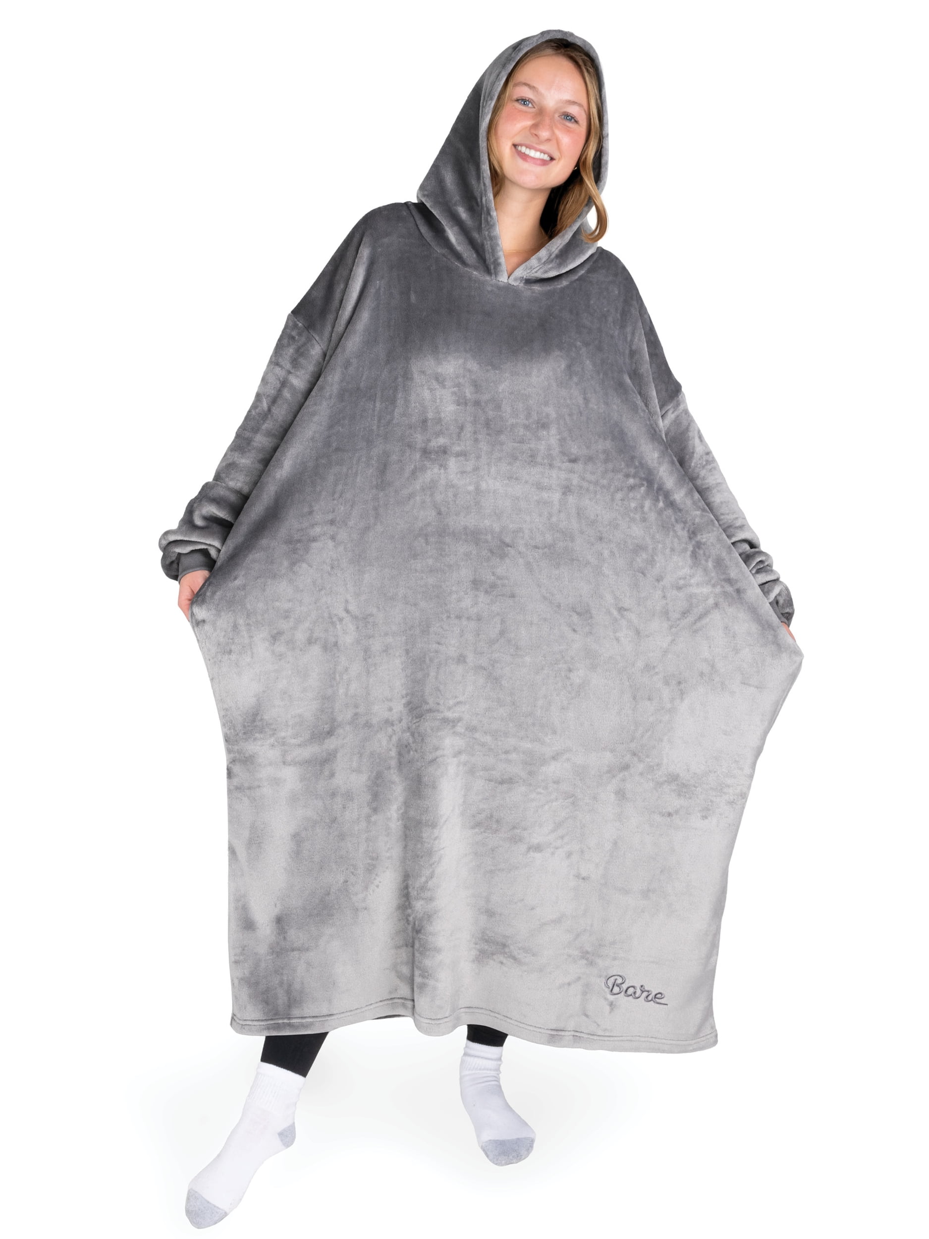 Bare Homey Adult Size Microplush Wearable Blanket - Long Length - Zipper Side Pockets, Gray