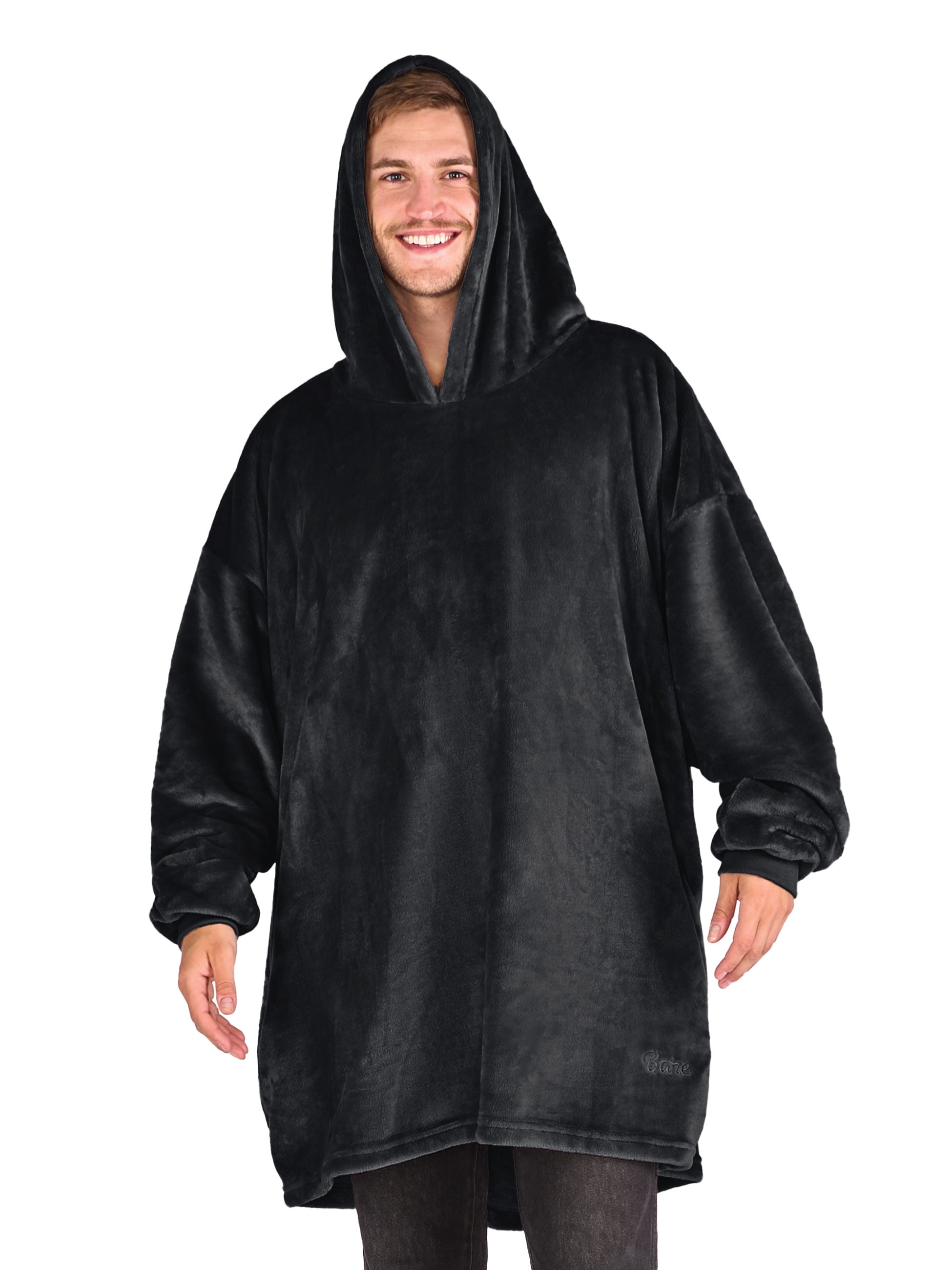 Bare Homey Adult Size Microplush Wearable Blanket - Zipper Side Pockets - Warm - Velvety Soft, Black
