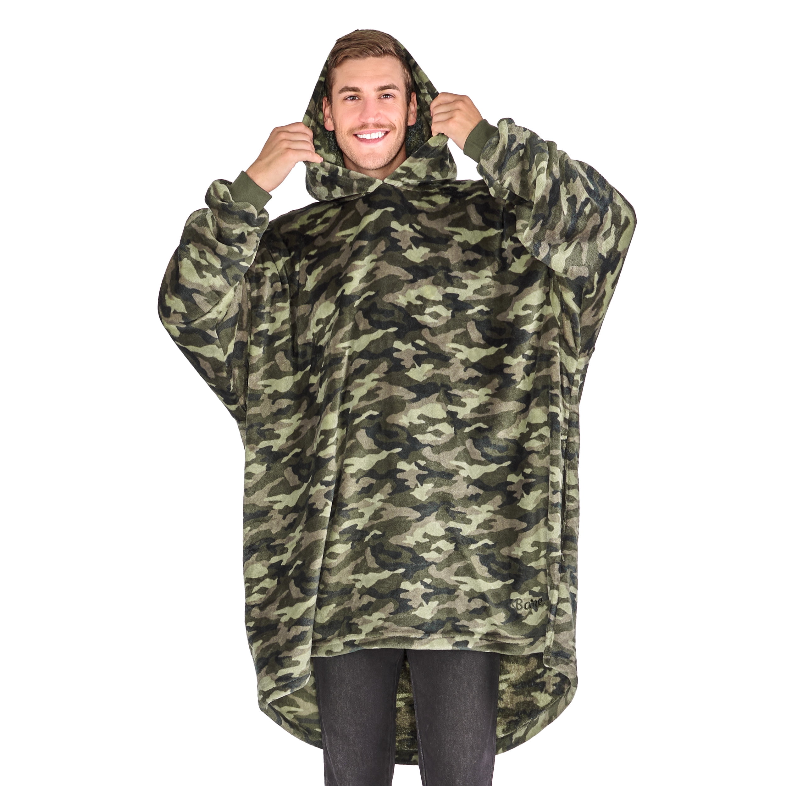 Bare Homey Adult Size Microplush Wearable Blanket - Zipper Side Pockets - Warm - Velvety Soft, Camo - Green