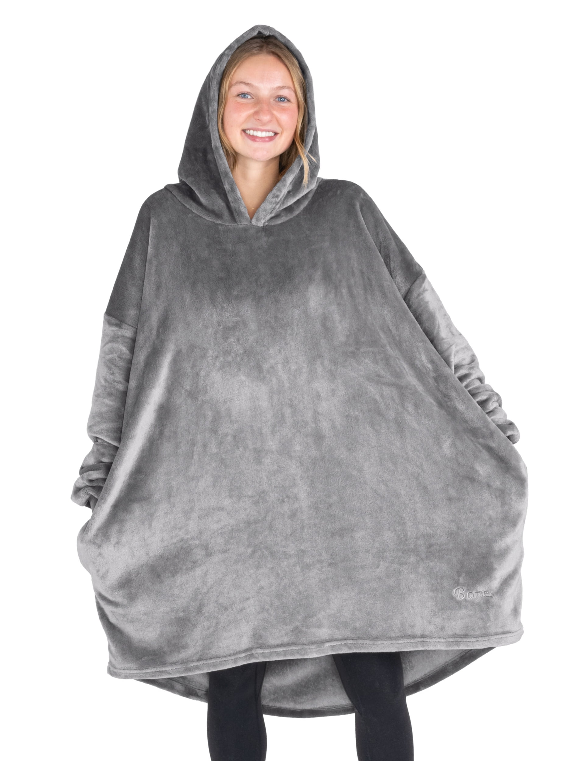 Adult Grey Microplush Hooded Wearable Blanket with Sleeves