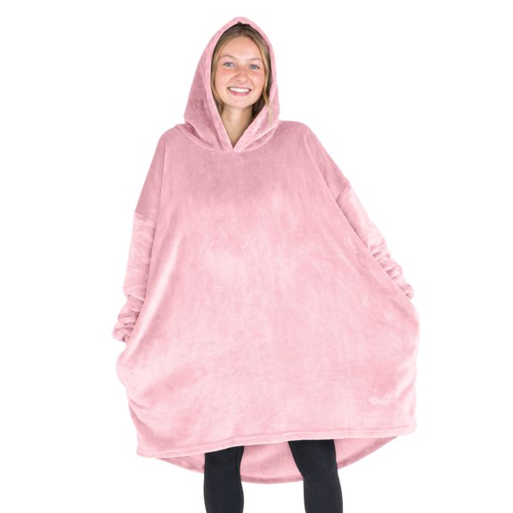 Bare Homey Adult Size Microplush Wearable Blanket - Zipper Side Pockets - Warm - Velvety Soft, Light Pink