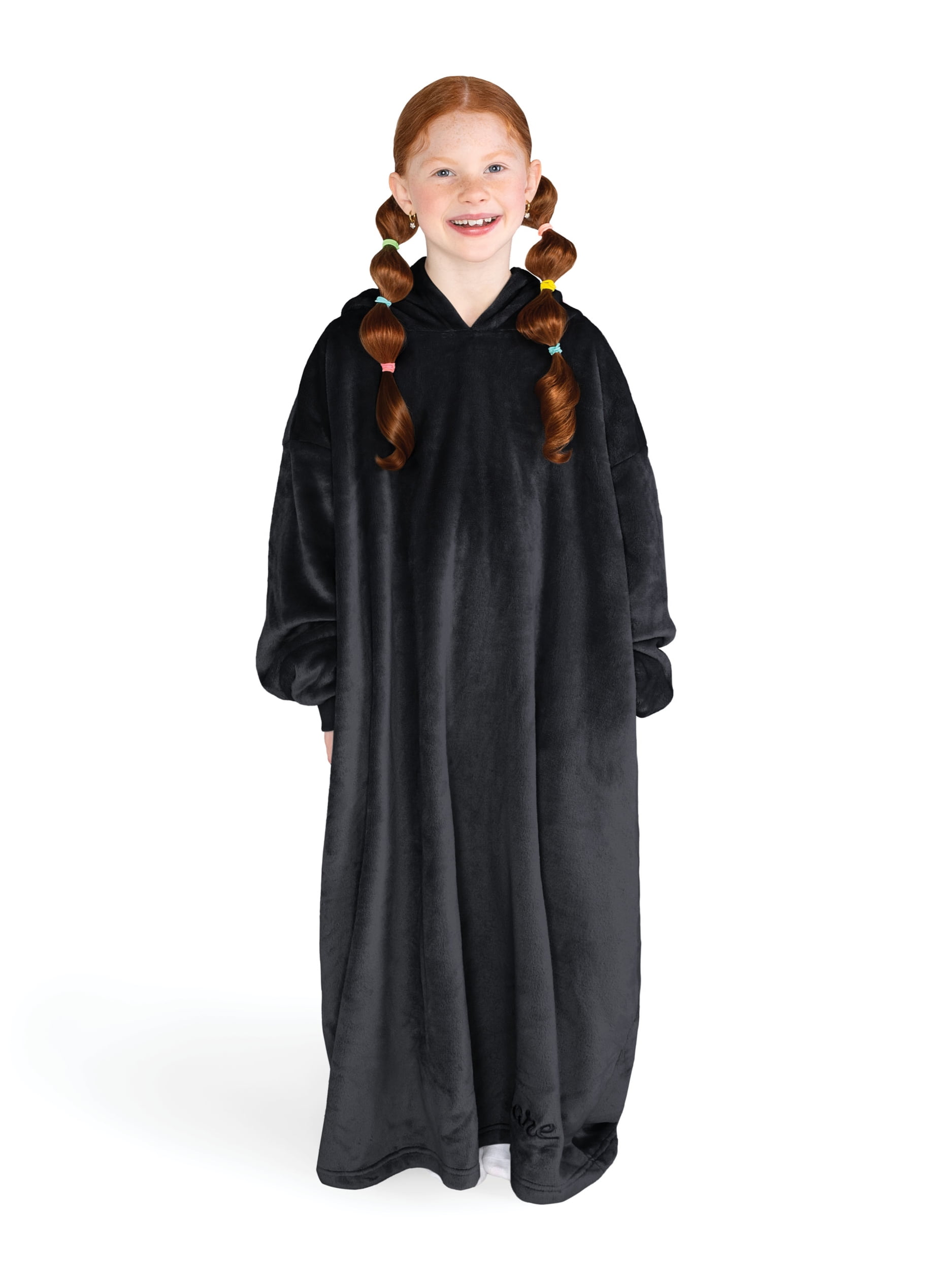Bare Homey Kids Size Microplush Wearable Blanket - Long Length - Side Pockets - Velvety Soft, Black