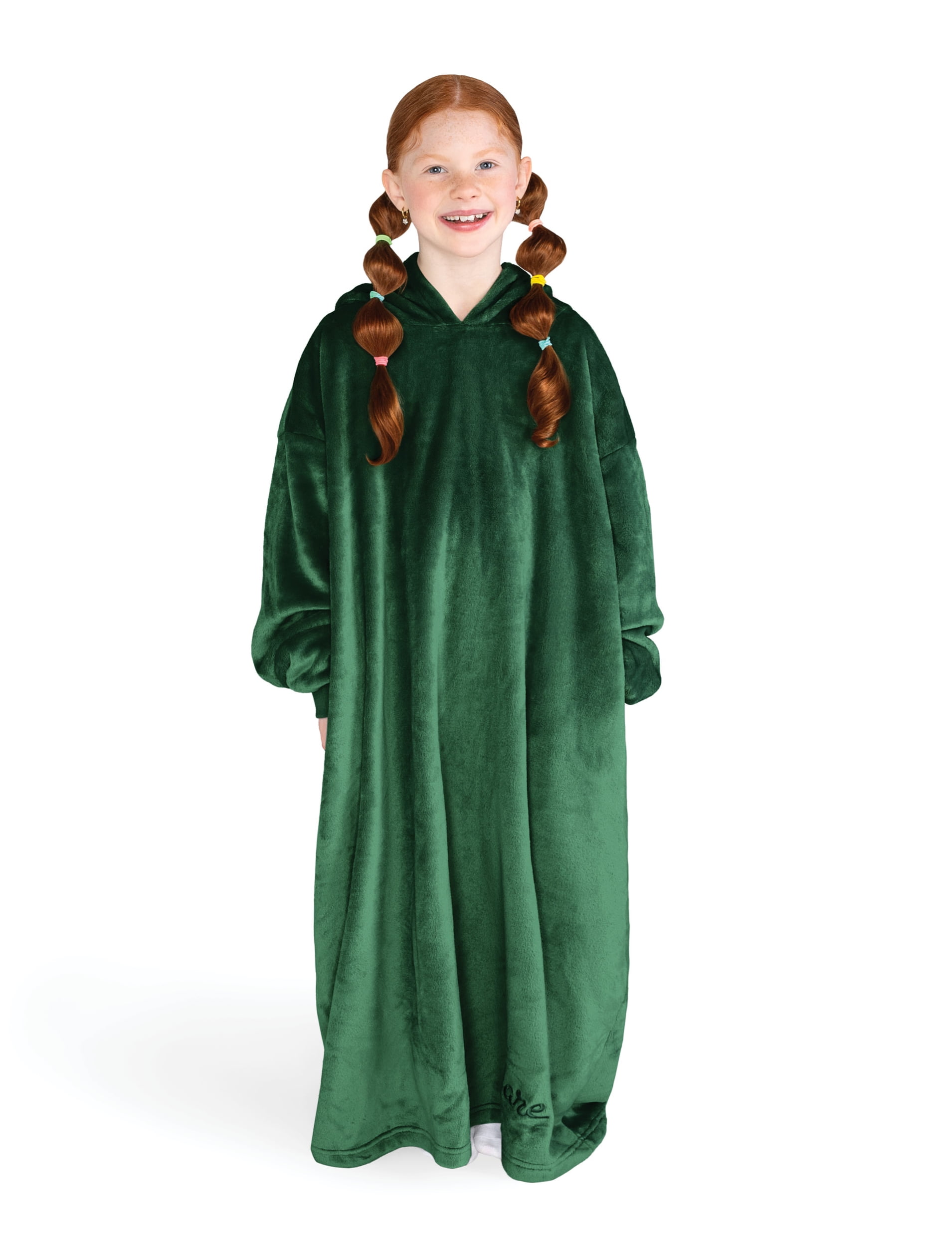 Bare Homey Kids Size Microplush Wearable Blanket - Long Length - Side Pockets - Velvety Soft, Forest Green