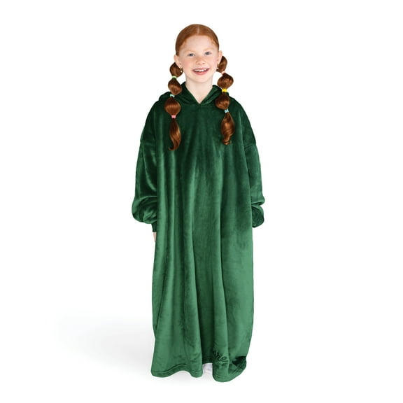 Bare Homey Kids Size Microplush Wearable Blanket - Long Length - Side Pockets - Velvety Soft, Forest Green