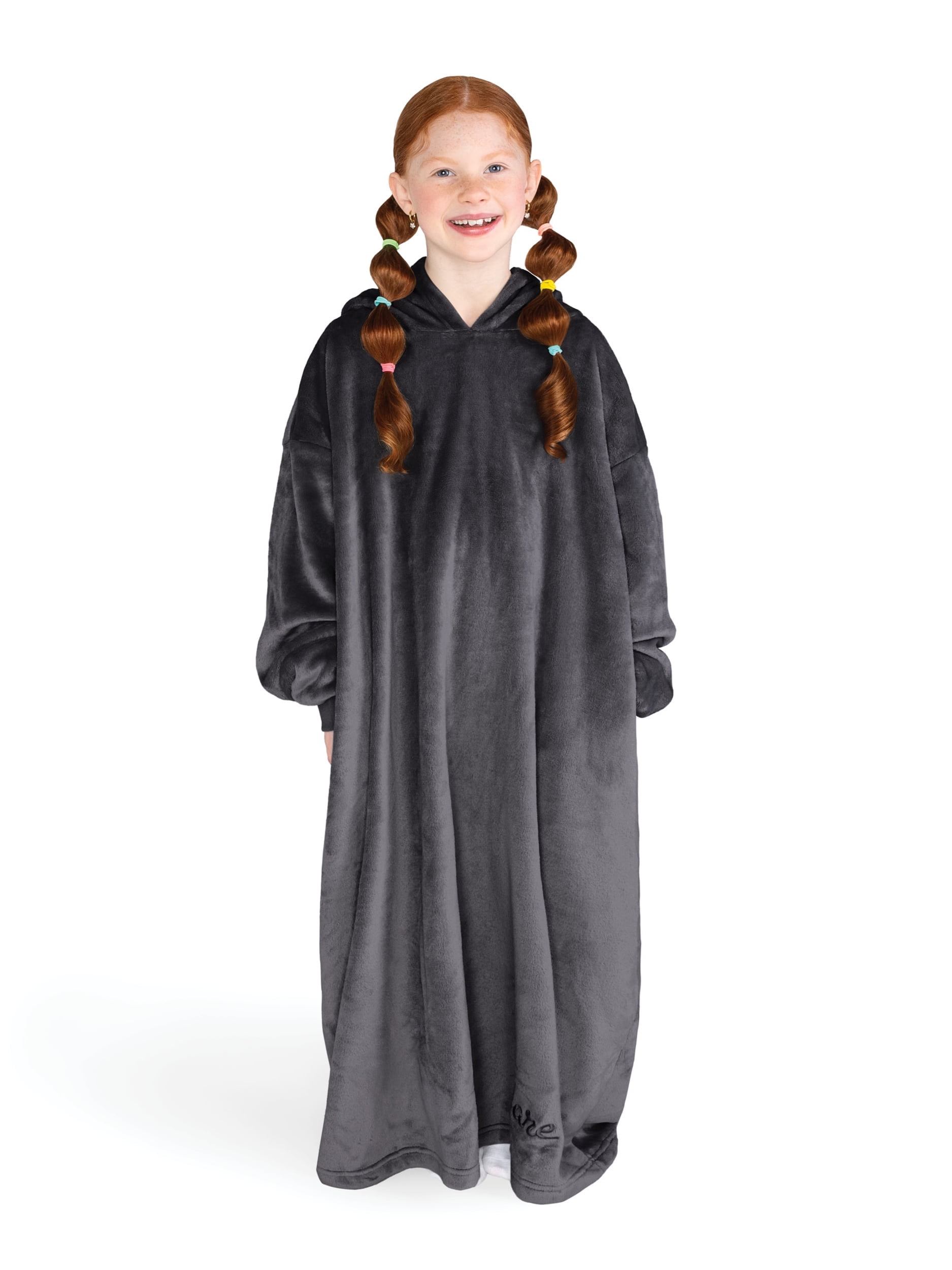 Bare Homey Kids Size Microplush Wearable Blanket - Long Length - Side Pockets - Velvety Soft, Forged Iron Gray