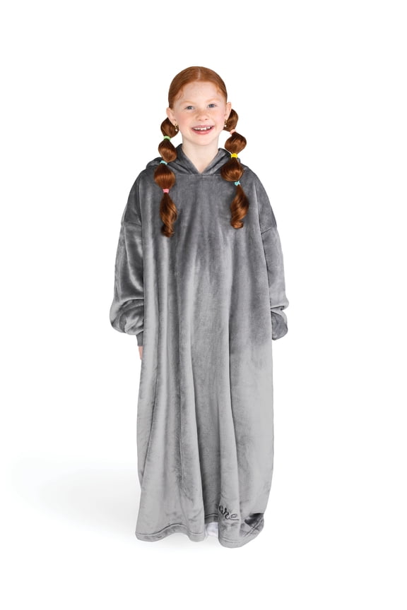 y Kids Size Microplush Wearable Blanket - Long Length - Side Pockets - Velvety Soft, Gray