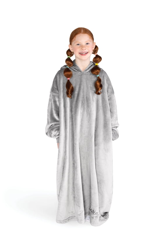 y Kids Size Microplush Wearable Blanket - Long Length - Side Pockets - Velvety Soft, Light Gray