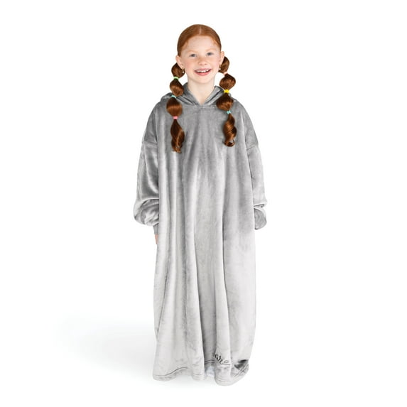 Bare Homey Kids Size Microplush Wearable Blanket - Long Length - Side Pockets - Velvety Soft, Light Gray