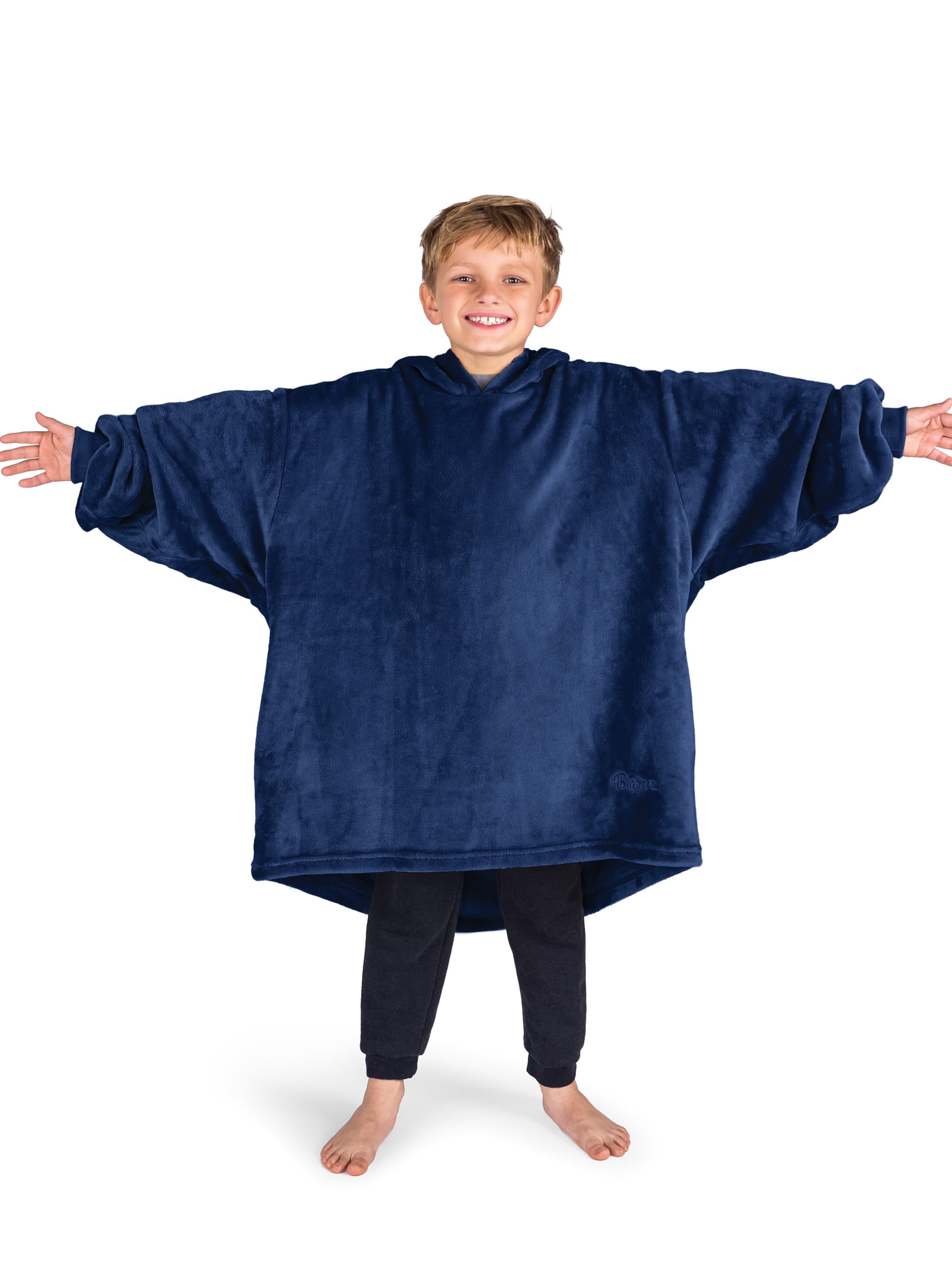 Bare Homey Kids Size Microplush Wearable Blanket - Side Pockets - Warm - Velvety Soft, Dark Blue