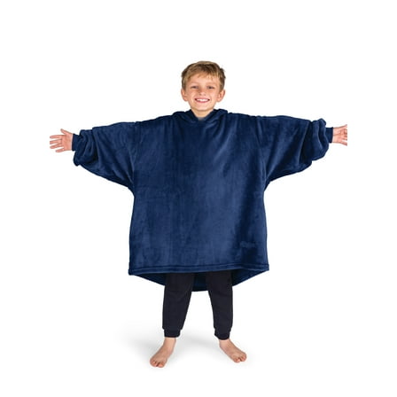 Bare Homey Kids Size Microplush Wearable Blanket - Side Pockets - Warm - Velvety Soft, Dark Blue