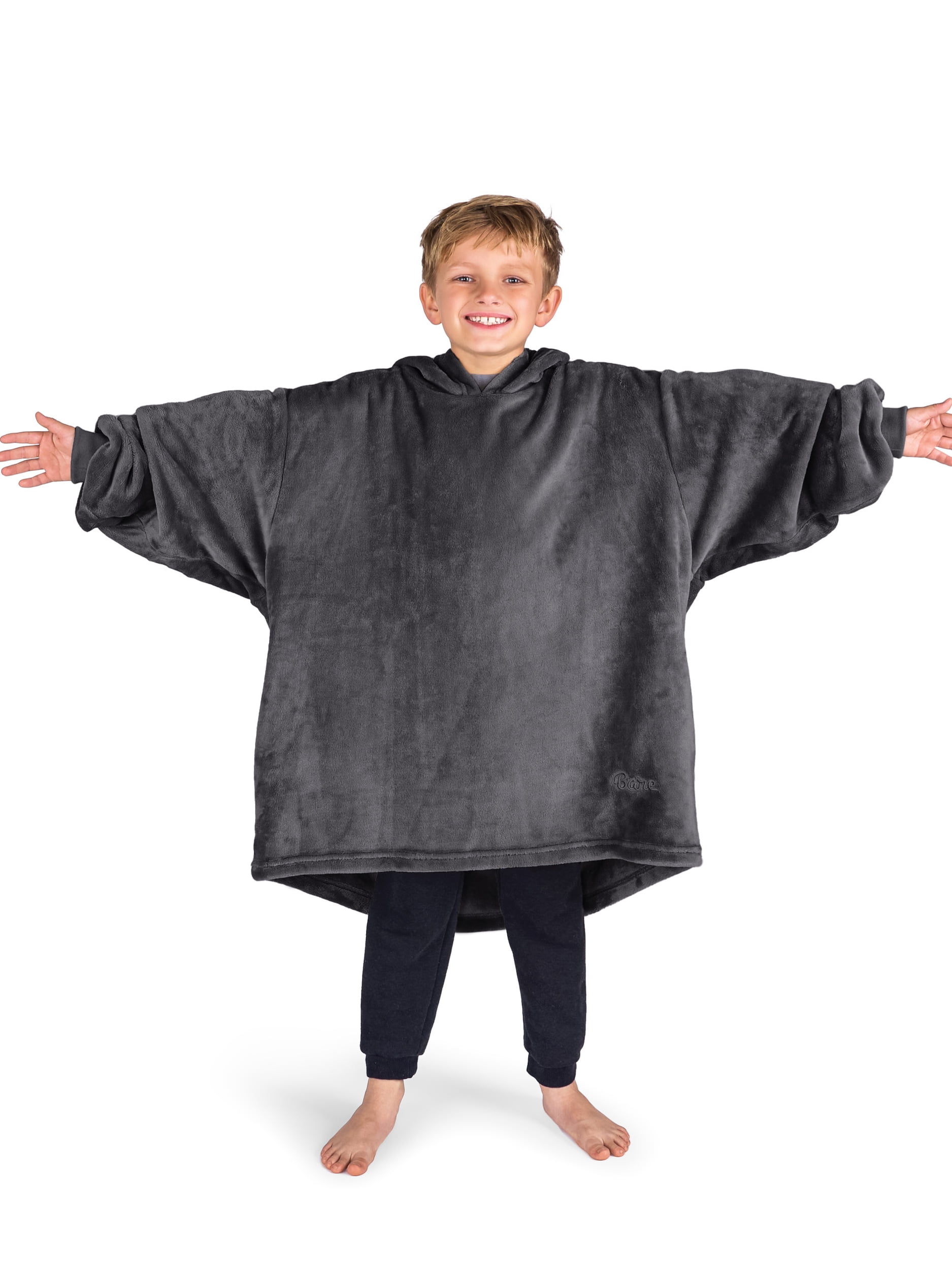 Bare Homey Kids Size Microplush Wearable Blanket - Side Pockets - Warm - Velvety Soft, Forged Iron Gray