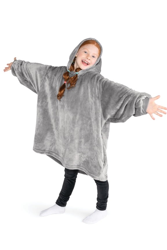 y Kids Size Microplush Wearable Blanket - Side Pockets - Warm - Velvety Soft, Light Gray