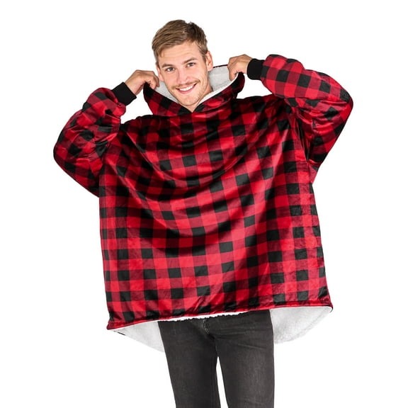 Bare Homey Plush Sherpa Wearable Blanket - Fluffy & Soft - Lightweight - Adult, Buffalo Plaid - Red/Black