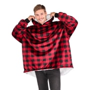 Bare Homey Plush Sherpa Wearable Blanket - Fluffy & Soft - Lightweight - Adult, Buffalo Plaid - Red/Black