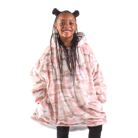 Bare Homey Plush Sherpa Wearable Blanket - Fluffy & Soft - Lightweight - Kids, Camo - Pink