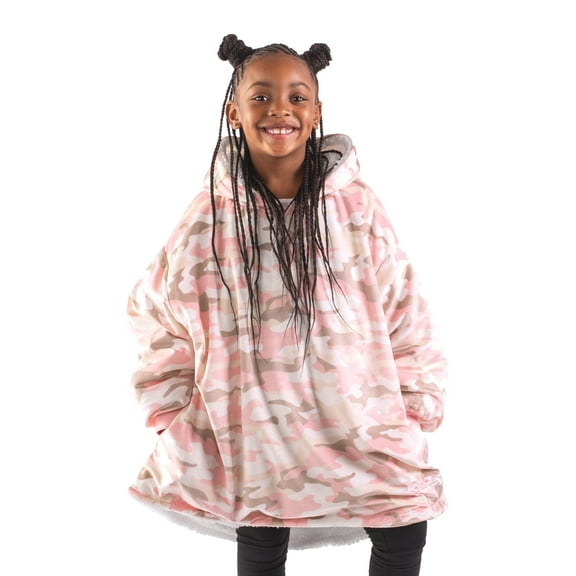 Bare Homey Plush Sherpa Wearable Blanket - Fluffy & Soft - Lightweight - Kids, Camo - Pink