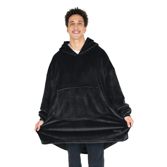 Bare Homey Adult Size Microplush Wearable Blanket, Round Trapezoid Pocket, Black