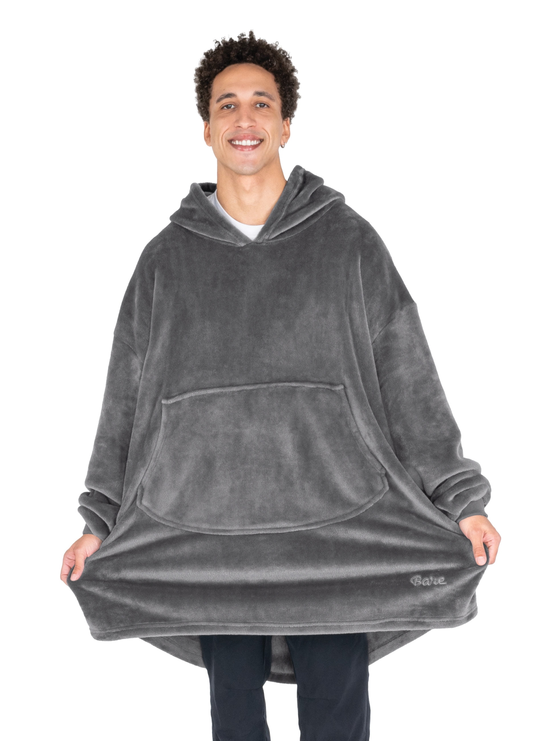Bare Homey Adult Size Microplush Wearable Blanket, Round Trapezoid Pocket, Gray