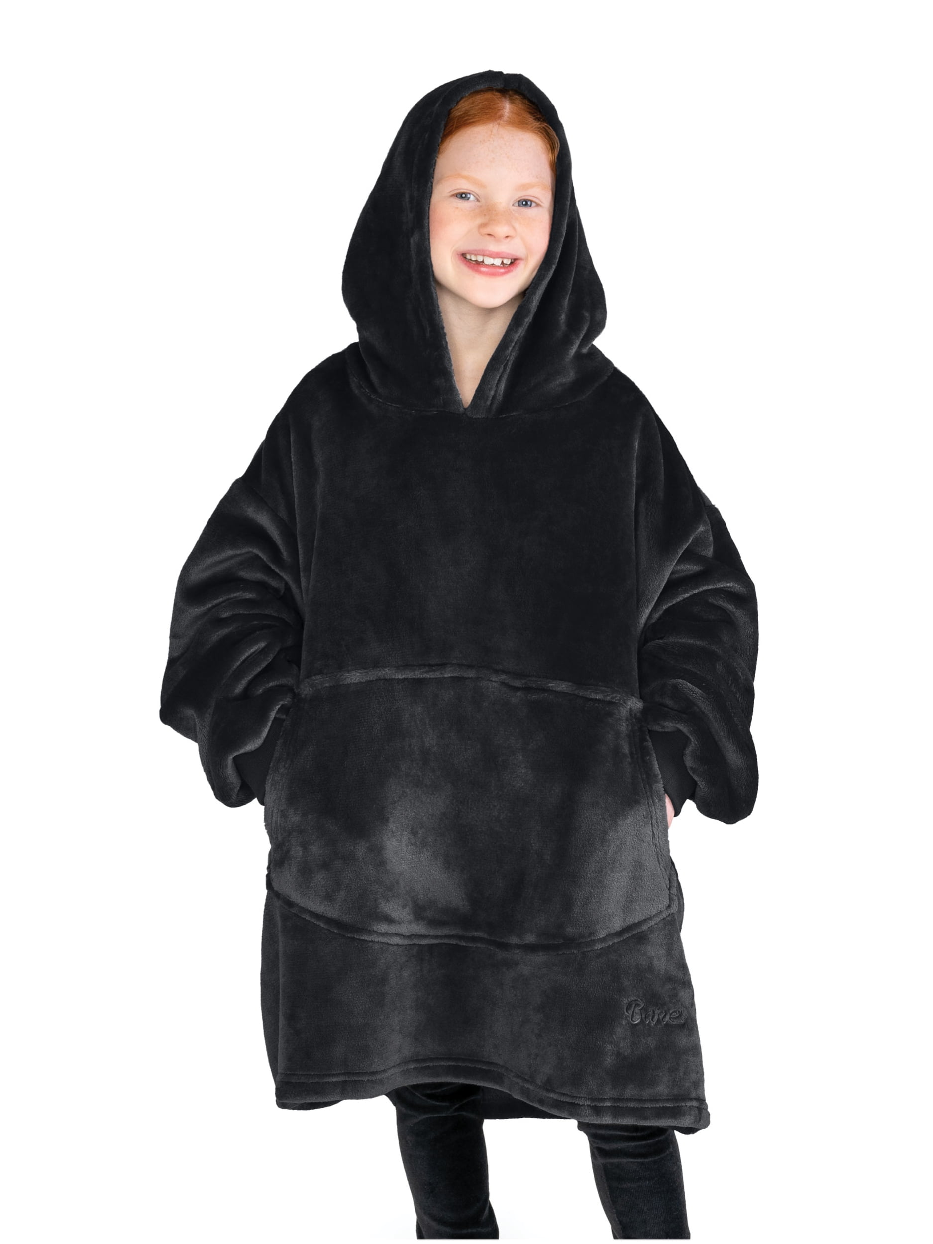 Bare Homey Kids Size Microplush Wearable Blanket, Round Trapezoid Pocket, Black