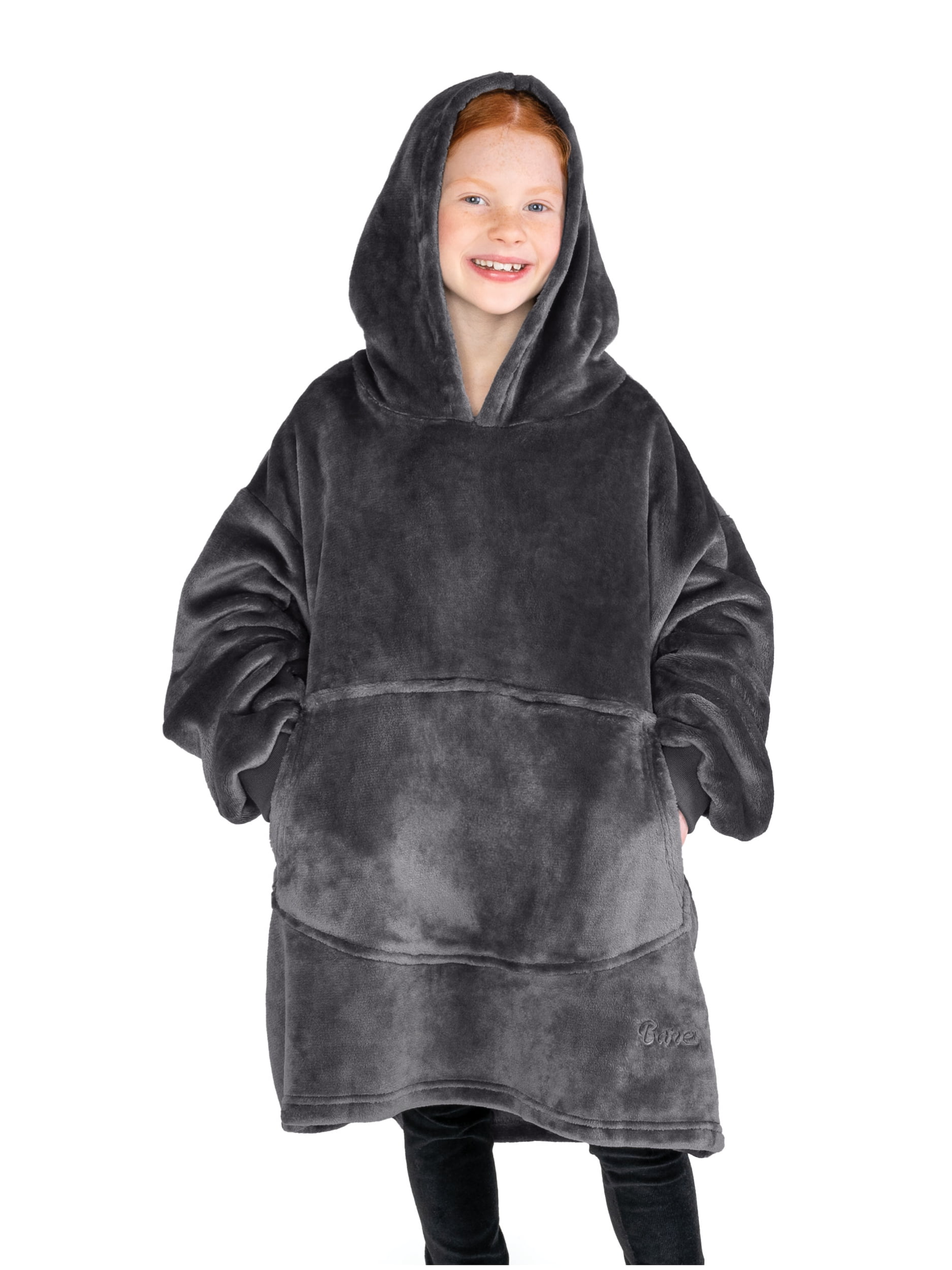 Bare Homey Kids Size Microplush Wearable Blanket, Round Trapezoid Pocket, Forged Iron Gray