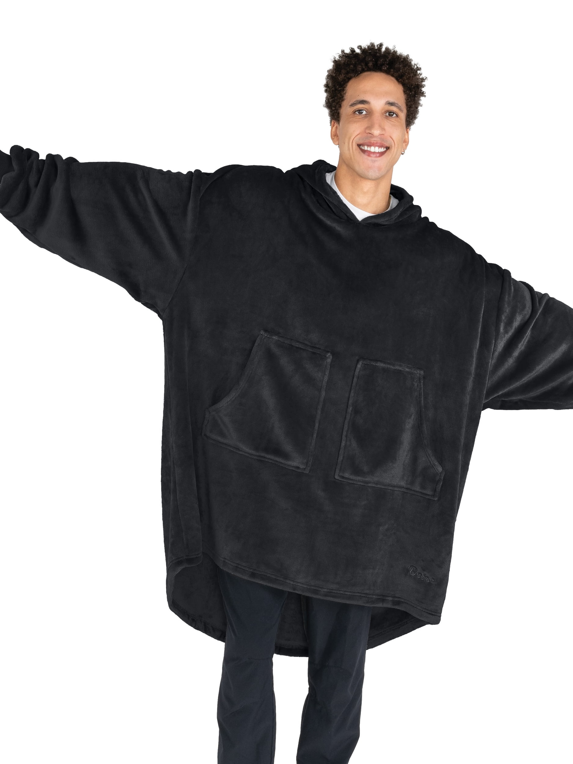 Bare Homey Adult Size Microplush Wearable Blanket, Split Front Pocket, Black