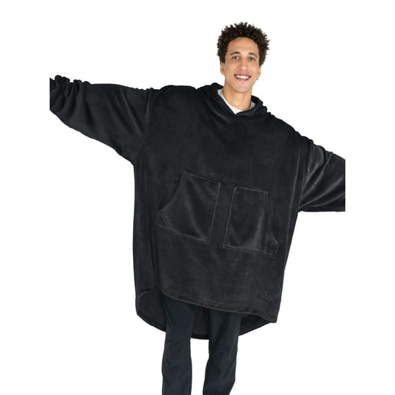 Bare Homey Adult Size Microplush Wearable Blanket, Split Front Pocket, Black