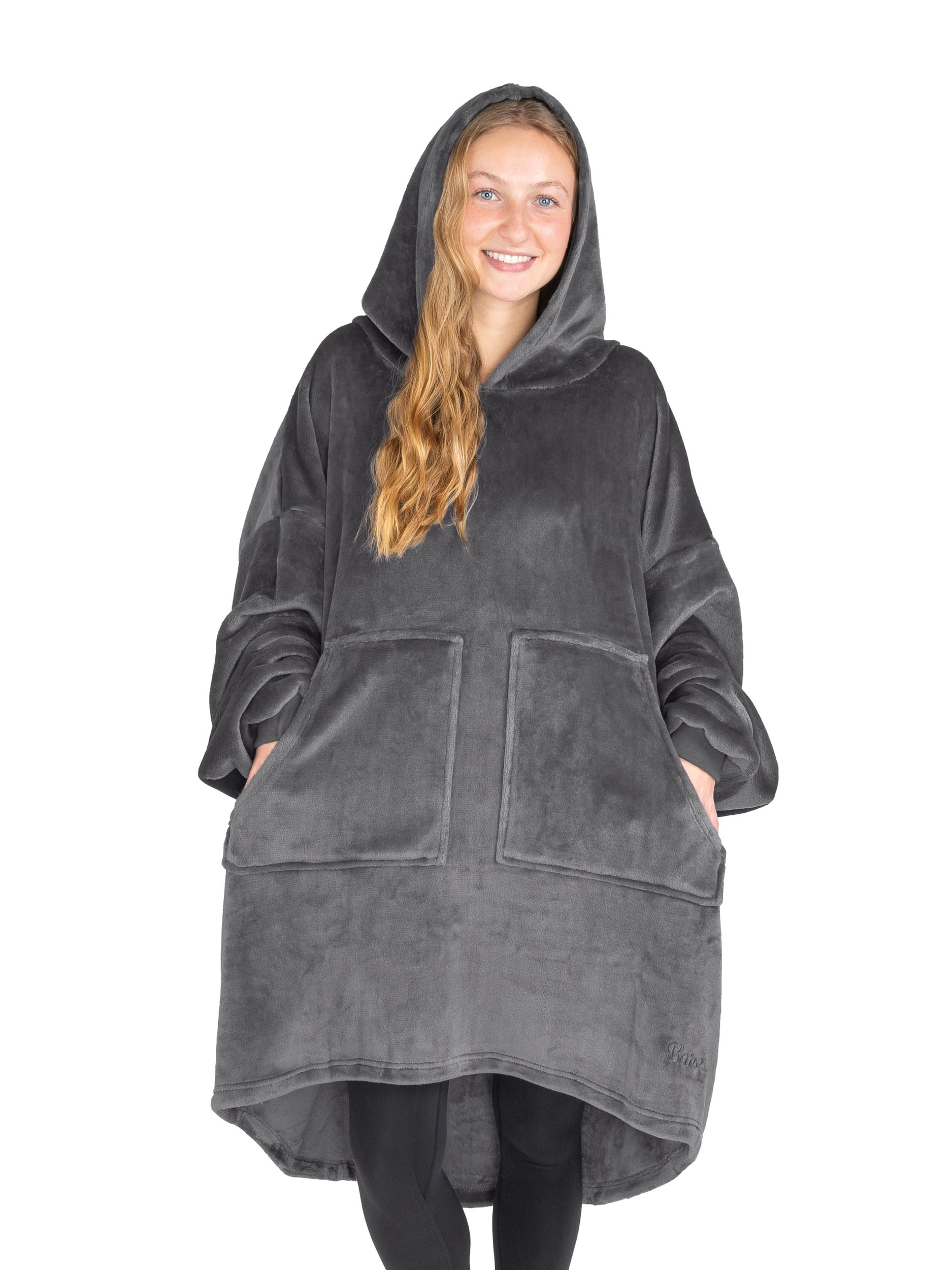 Bare Homey Adult Size Microplush Wearable Blanket, Split Front Pocket, Gray